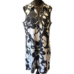 Boston Proper Black & White Floral Sleeveless Zip-Front Dress With Collar